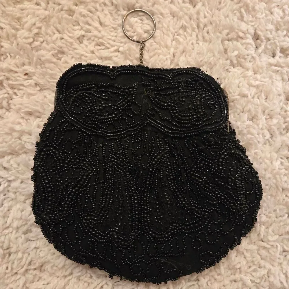 Vintage 1920s Black Micro Bead Purse with Coin Purse & Mirror Kiss Closure